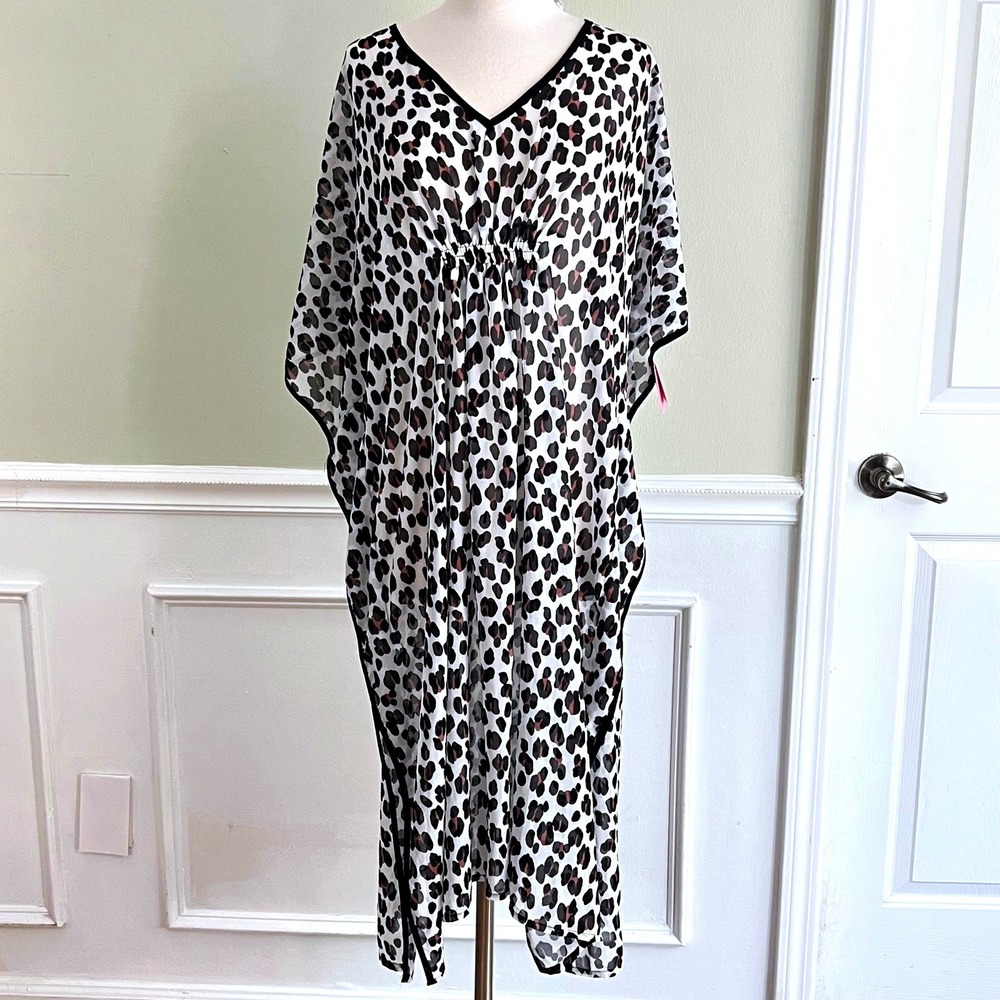 Kate Spade Leopard Print Caftan Swim Cover Up Women XS/S Sheer Black White NEW